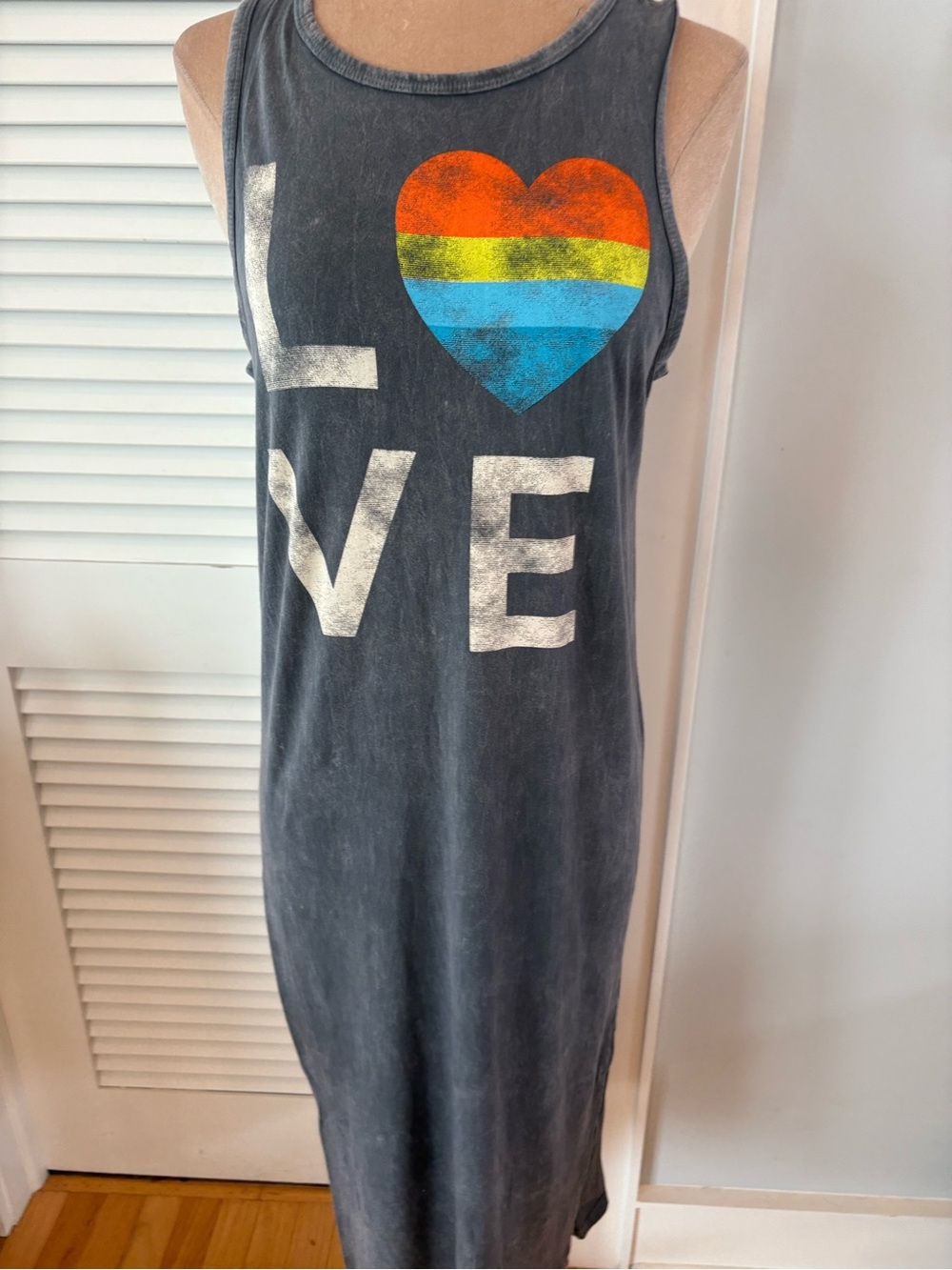 NWOT LOVE Rainbow Heart Mineral Wash Grey Tank Dress Size M
